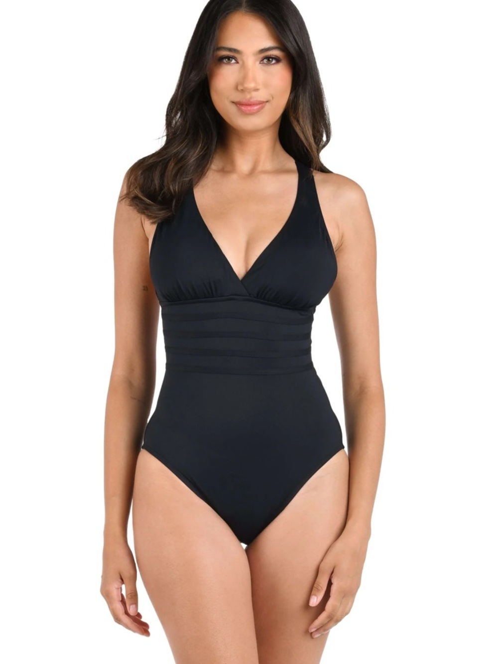 LA BLANCA Island Goddess Black Plunge Tummy Control One Piece Swimsuit 6